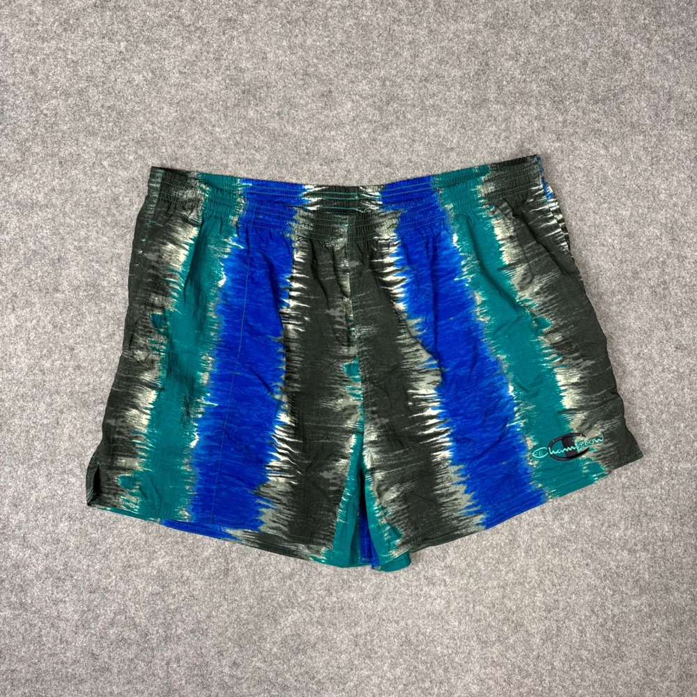 Vintage Champion Swim Trunks Mens XL Blue Teal Abstract Stripe Mesh Lined Shorts
